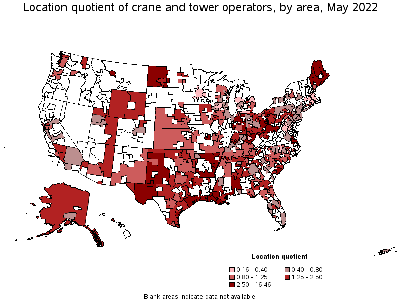 Map of location quotient of crane and tower operators by area, May 2022