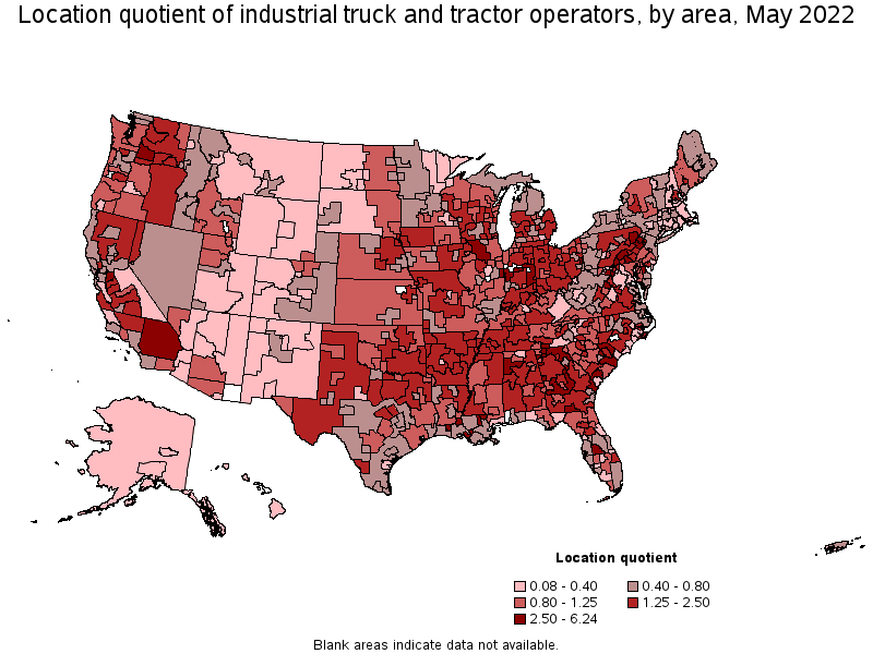 Map of location quotient of industrial truck and tractor operators by area, May 2022