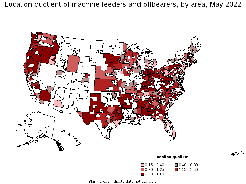 Map of location quotient of machine feeders and offbearers by area, May 2022