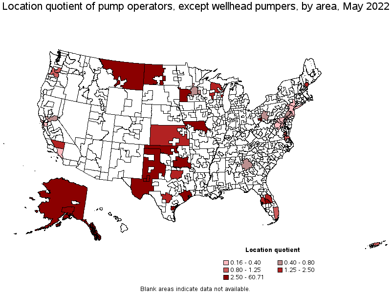 Map of location quotient of pump operators, except wellhead pumpers by area, May 2022