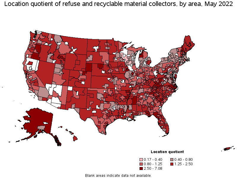 Map of location quotient of refuse and recyclable material collectors by area, May 2022