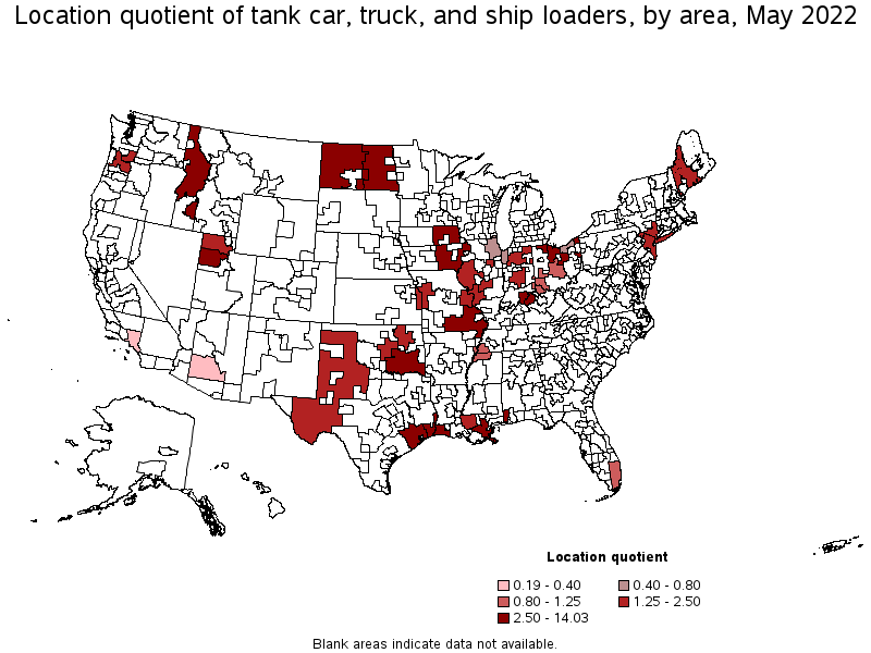 Map of location quotient of tank car, truck, and ship loaders by area, May 2022