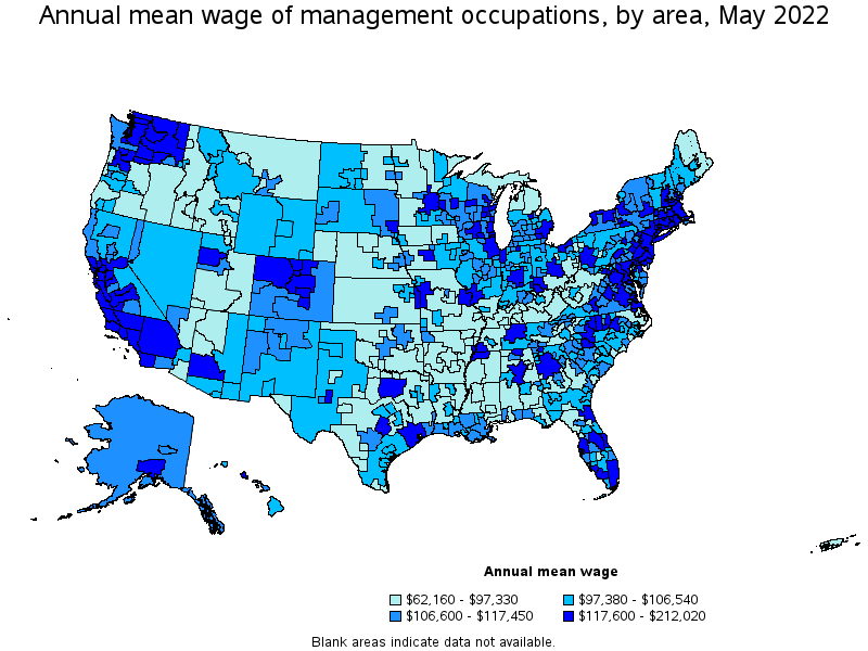 Map of annual mean wages of management occupations by area, May 2022