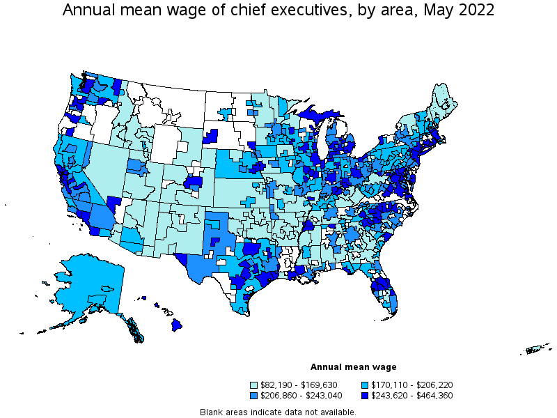 Map of annual mean wages of chief executives by area, May 2022