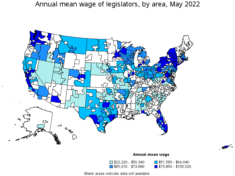 Map of annual mean wages of legislators by area, May 2022