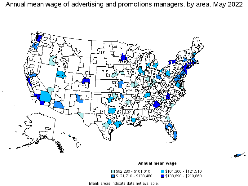 Map of annual mean wages of advertising and promotions managers by area, May 2022