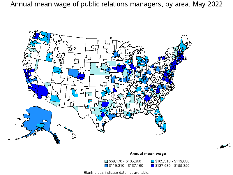 Map of annual mean wages of public relations managers by area, May 2022