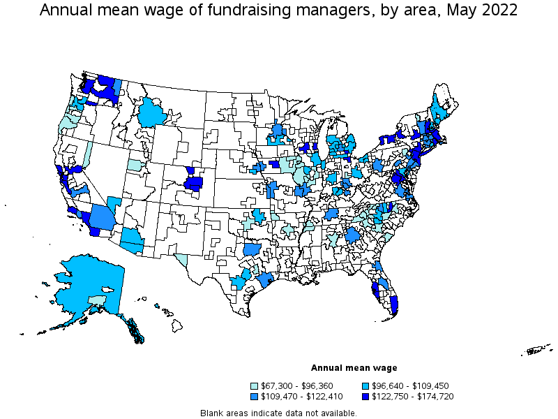 Map of annual mean wages of fundraising managers by area, May 2022
