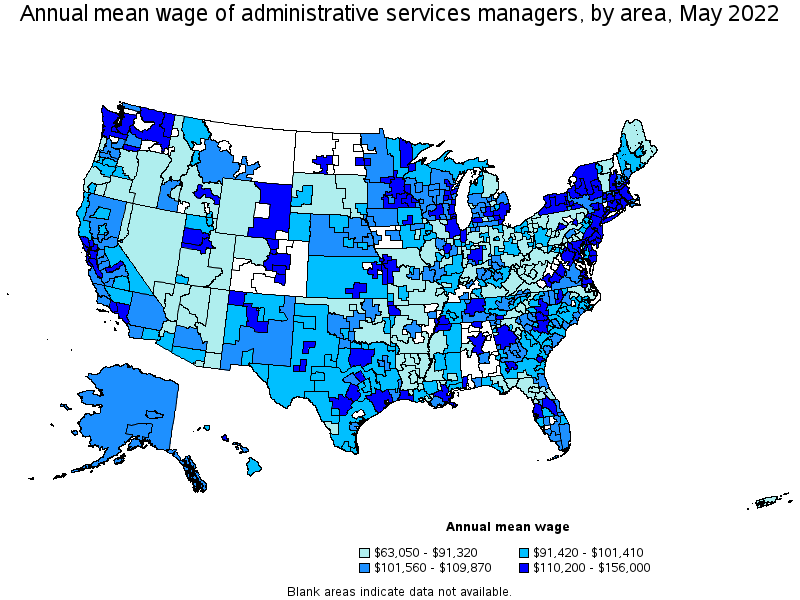 Map of annual mean wages of administrative services managers by area, May 2022