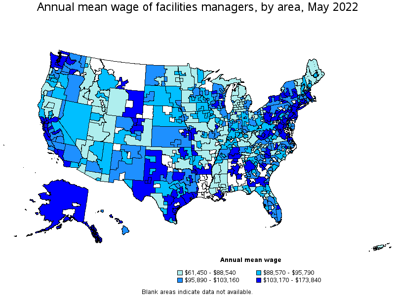 Map of annual mean wages of facilities managers by area, May 2022