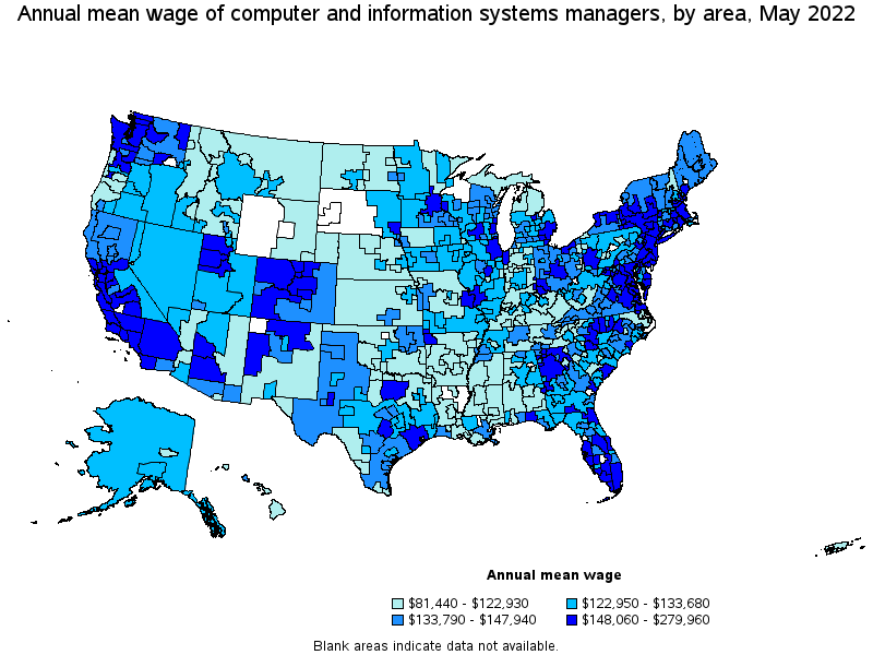 Map of annual mean wages of computer and information systems managers by area, May 2022