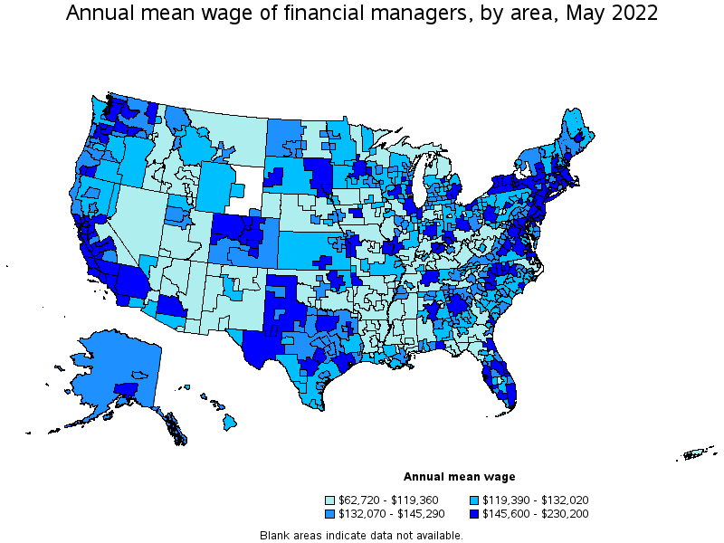 Map of annual mean wages of financial managers by area, May 2022