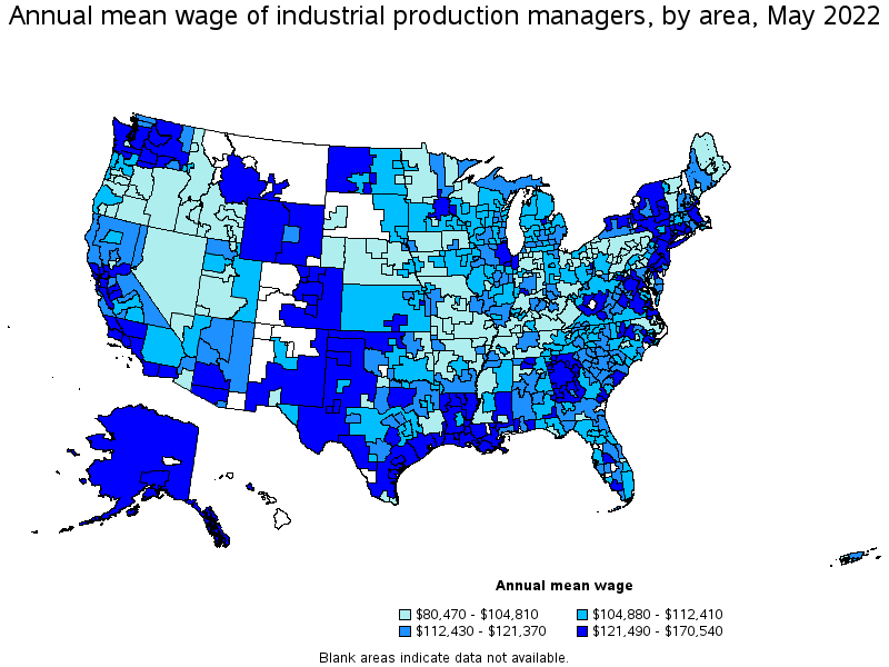 Map of annual mean wages of industrial production managers by area, May 2022