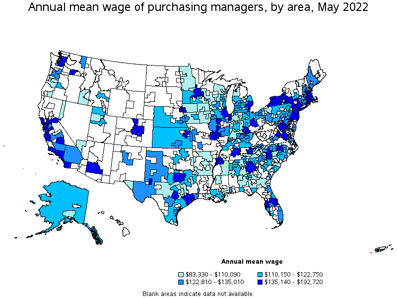 Map of annual mean wages of purchasing managers by area, May 2022