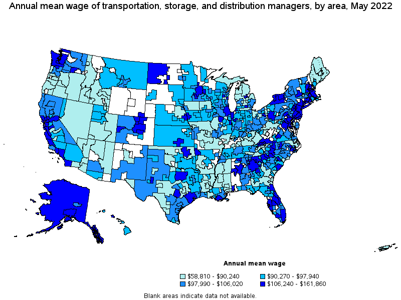 Map of annual mean wages of transportation, storage, and distribution managers by area, May 2022
