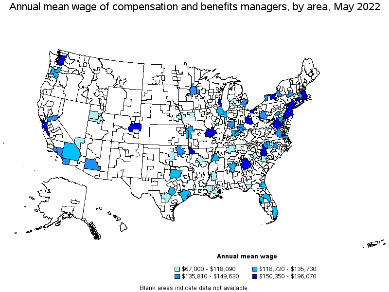 Map of annual mean wages of compensation and benefits managers by area, May 2022