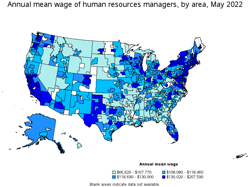 Map of annual mean wages of human resources managers by area, May 2022