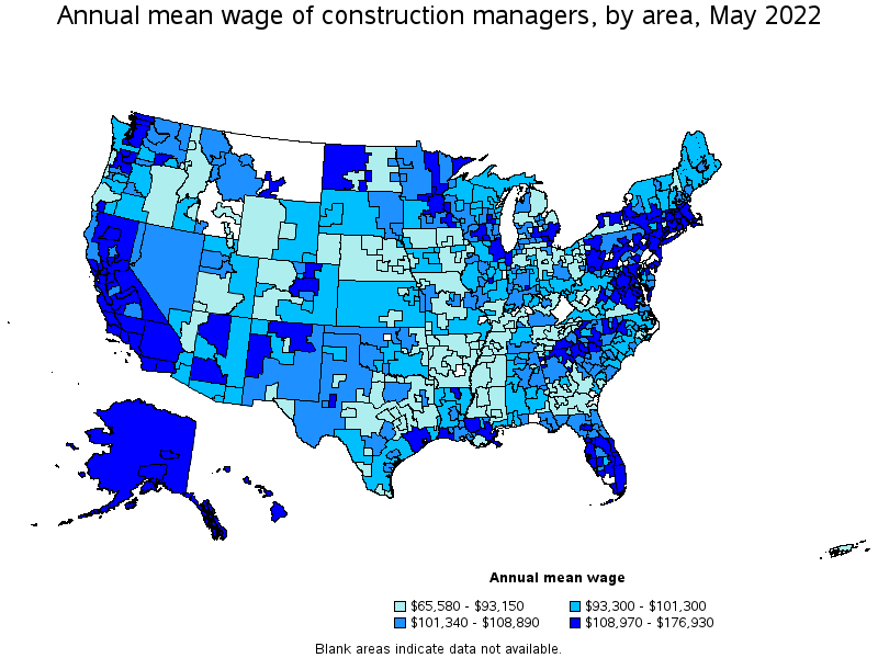 Map of annual mean wages of construction managers by area, May 2022