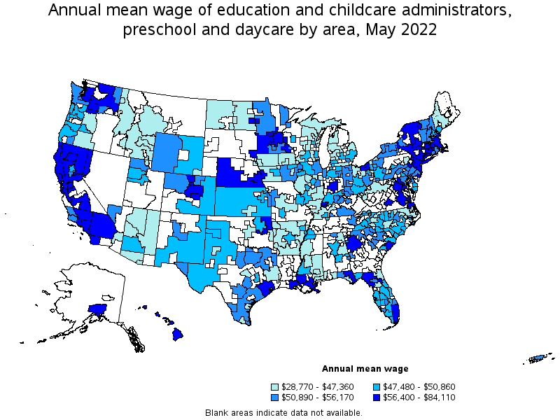 Map of annual mean wages of education and childcare administrators, preschool and daycare by area, May 2022