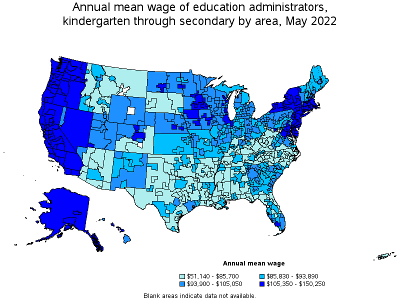 Map of annual mean wages of education administrators, kindergarten through secondary by area, May 2022