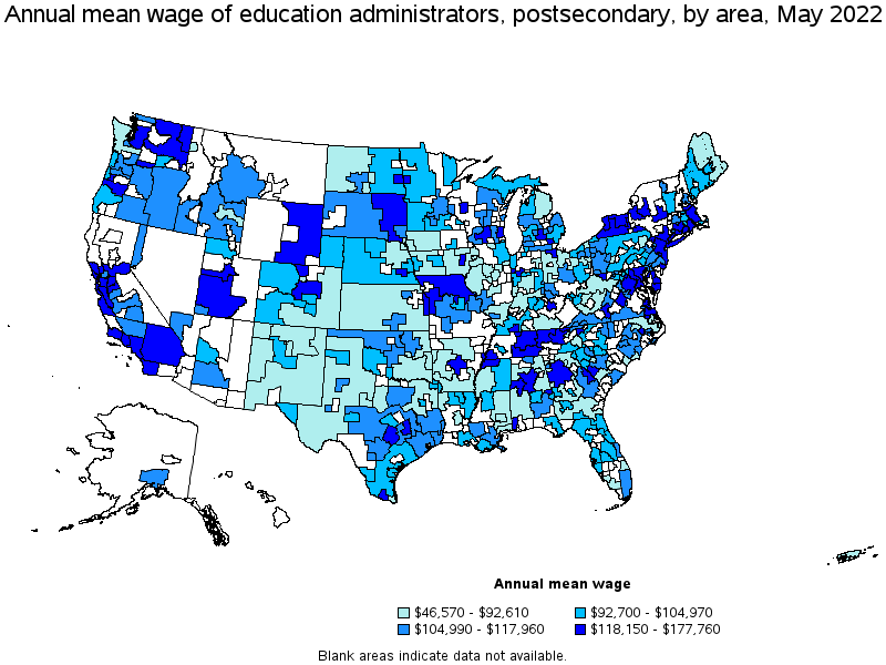 Map of annual mean wages of education administrators, postsecondary by area, May 2022