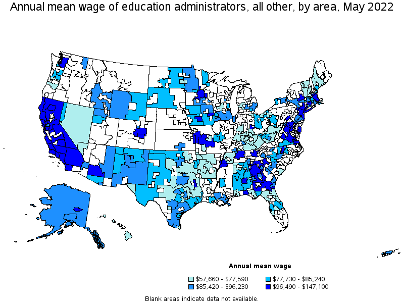 Map of annual mean wages of education administrators, all other by area, May 2022