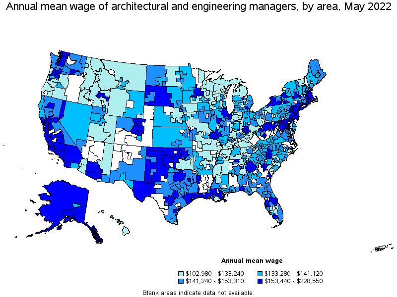 Map of annual mean wages of architectural and engineering managers by area, May 2022