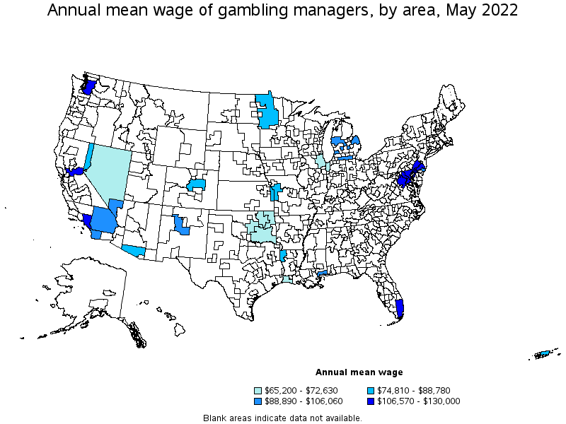 Map of annual mean wages of gambling managers by area, May 2022