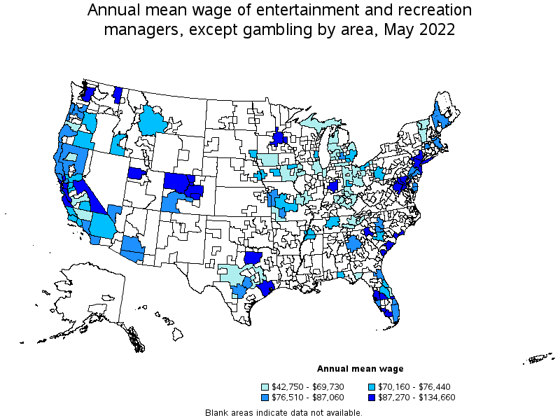 Map of annual mean wages of entertainment and recreation managers, except gambling by area, May 2022