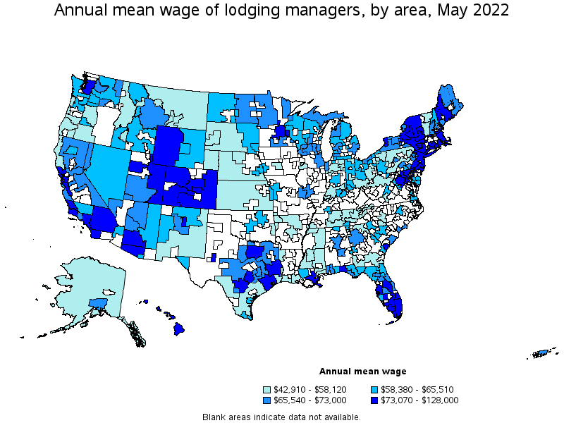 Map of annual mean wages of lodging managers by area, May 2022