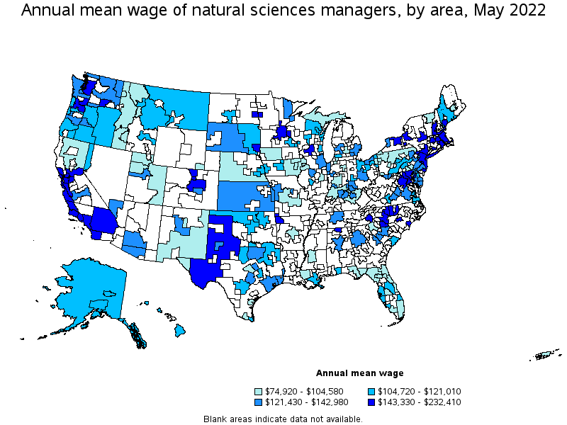 Map of annual mean wages of natural sciences managers by area, May 2022