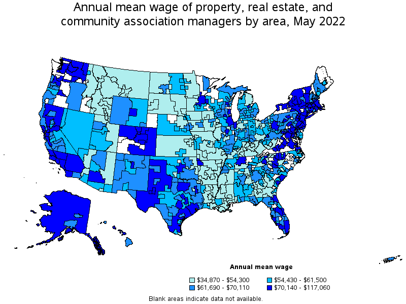 Map of annual mean wages of property, real estate, and community association managers by area, May 2022