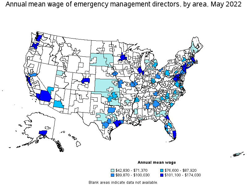 Map of annual mean wages of emergency management directors by area, May 2022