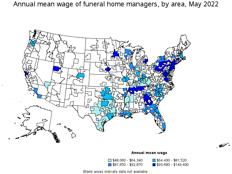 Map of annual mean wages of funeral home managers by area, May 2022