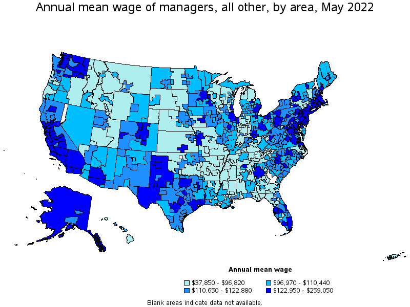 Map of annual mean wages of managers, all other by area, May 2022