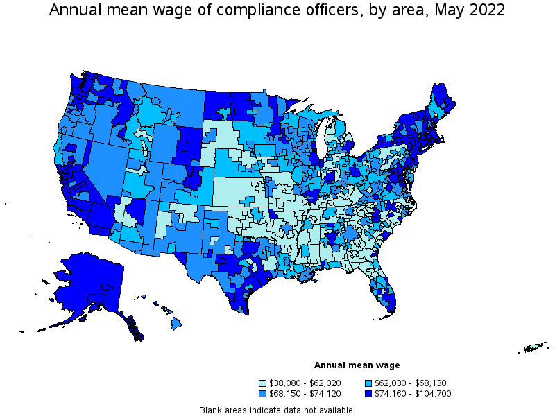 Map of annual mean wages of compliance officers by area, May 2022