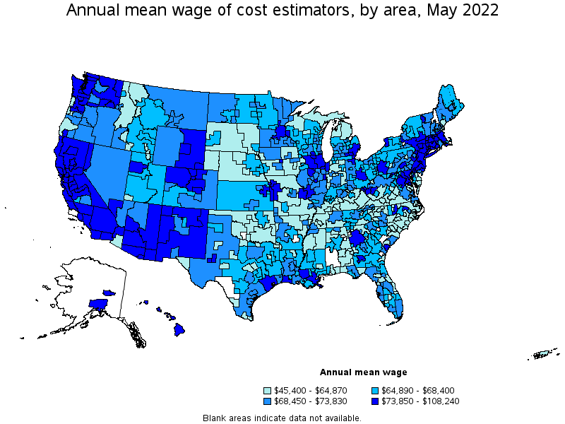 Map of annual mean wages of cost estimators by area, May 2022