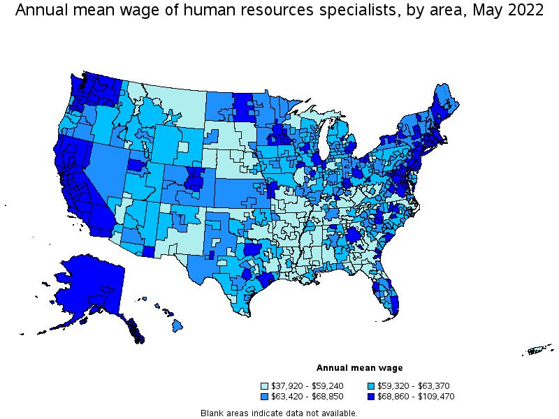 Map of annual mean wages of human resources specialists by area, May 2022