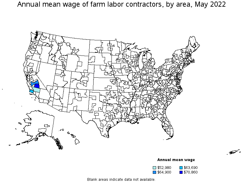 Map of annual mean wages of farm labor contractors by area, May 2022