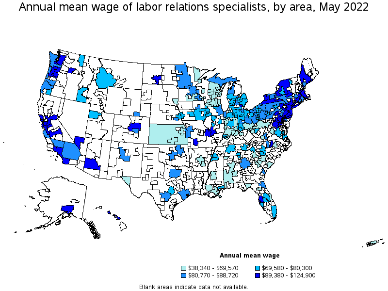 Map of annual mean wages of labor relations specialists by area, May 2022