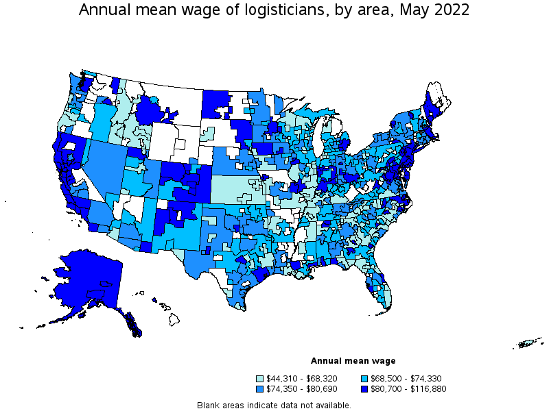 Map of annual mean wages of logisticians by area, May 2022