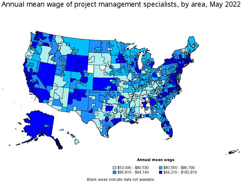 Map of annual mean wages of project management specialists by area, May 2022