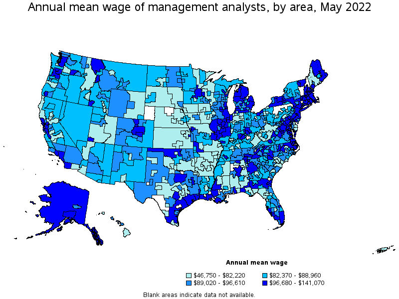 Map of annual mean wages of management analysts by area, May 2022