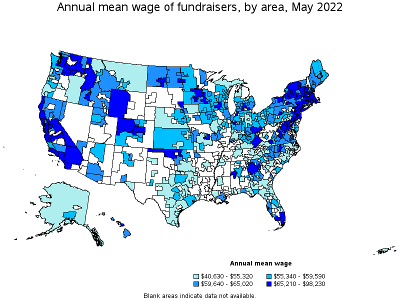 Map of annual mean wages of fundraisers by area, May 2022