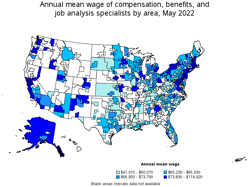 Map of annual mean wages of compensation, benefits, and job analysis specialists by area, May 2022
