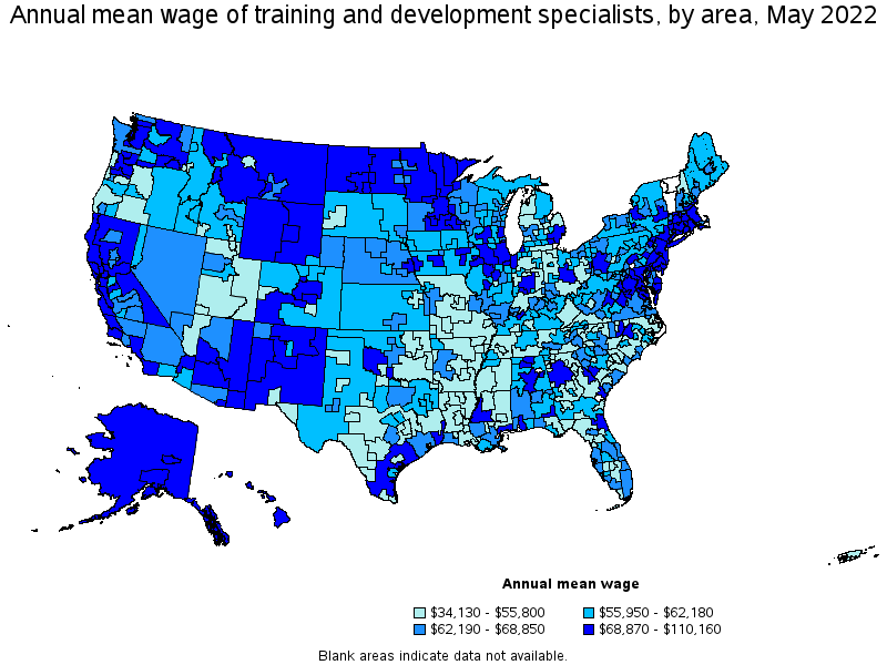 Map of annual mean wages of training and development specialists by area, May 2022