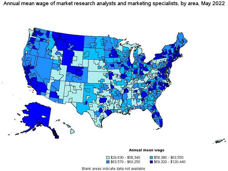 Map of annual mean wages of market research analysts and marketing specialists by area, May 2022