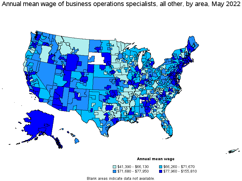 Map of annual mean wages of business operations specialists, all other by area, May 2022