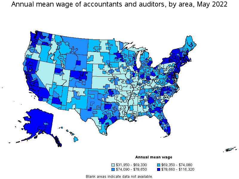 Map of annual mean wages of accountants and auditors by area, May 2022
