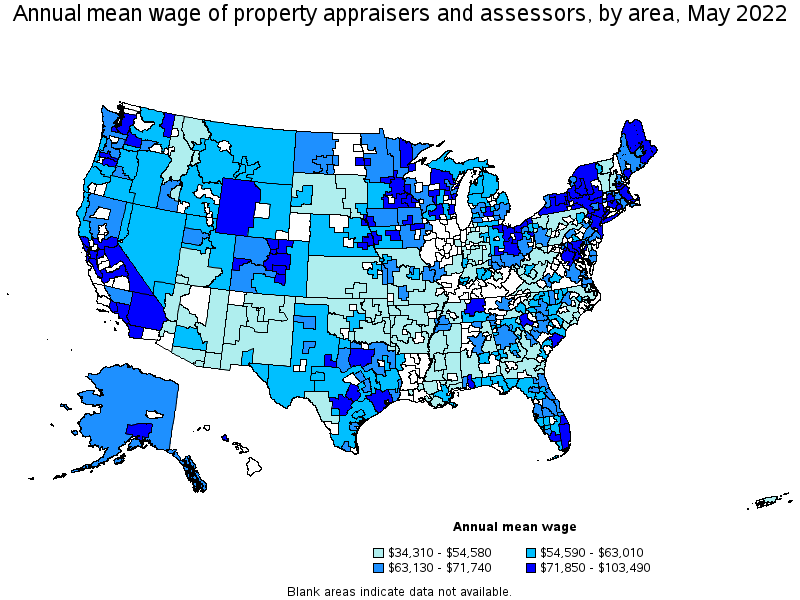 Map of annual mean wages of property appraisers and assessors by area, May 2022